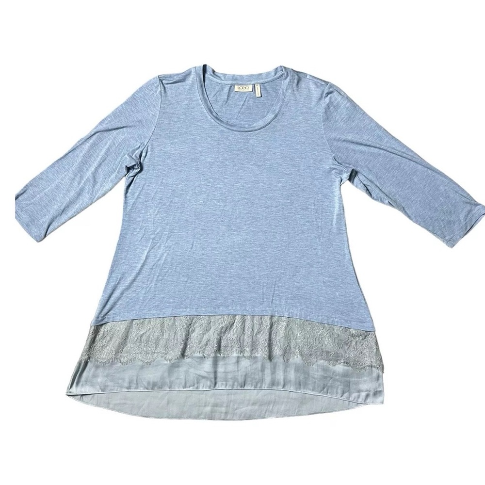 LOGO Lori Goldstein Tunic Top Light Blue Womens Size L Satin Lace Hem